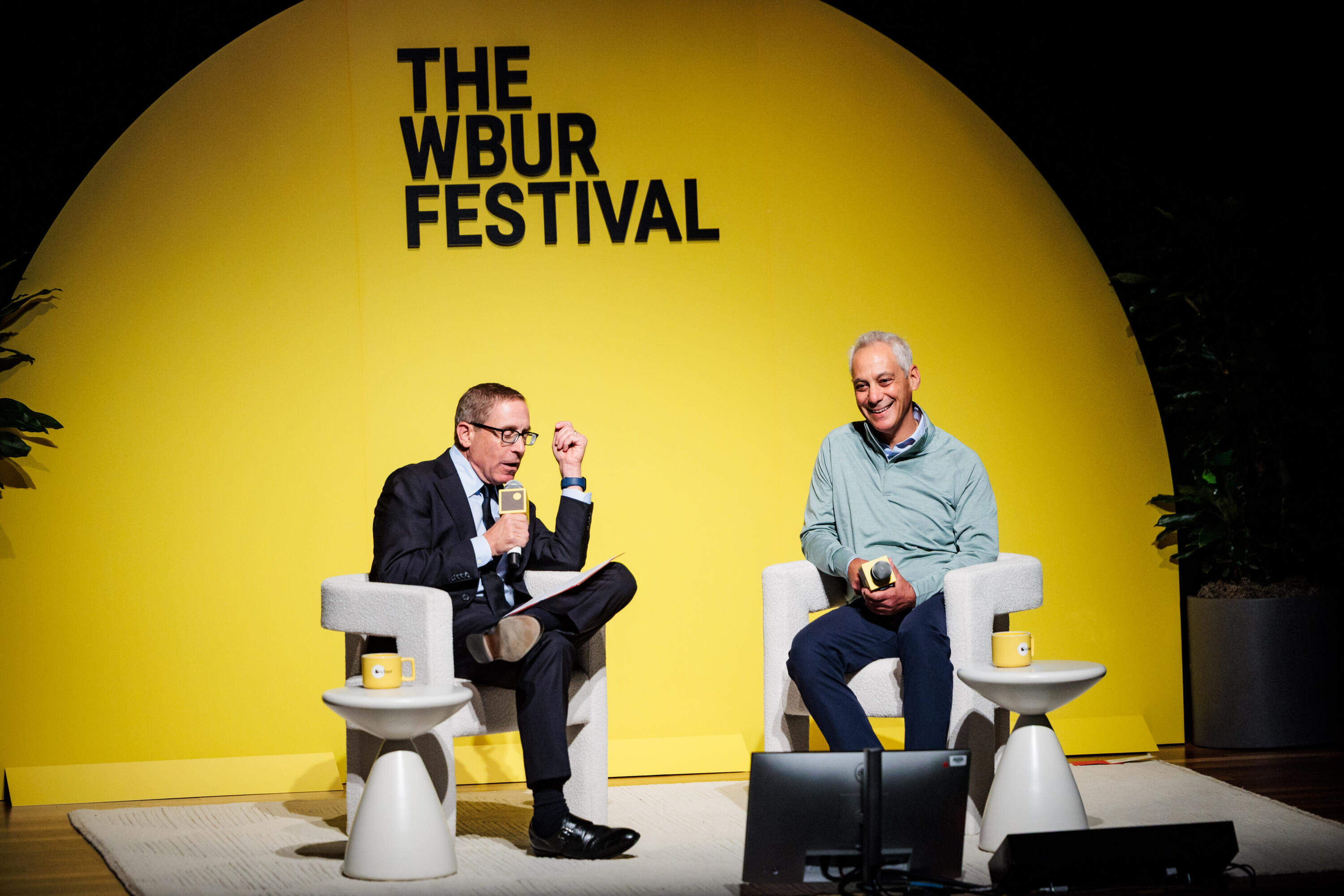 Rahm Emanuel speaks with The Atlantic's Evan Smith at The WBUR Festival in Boston on May 29. (Nick Grace/Bolt Creative Group for WBUR)