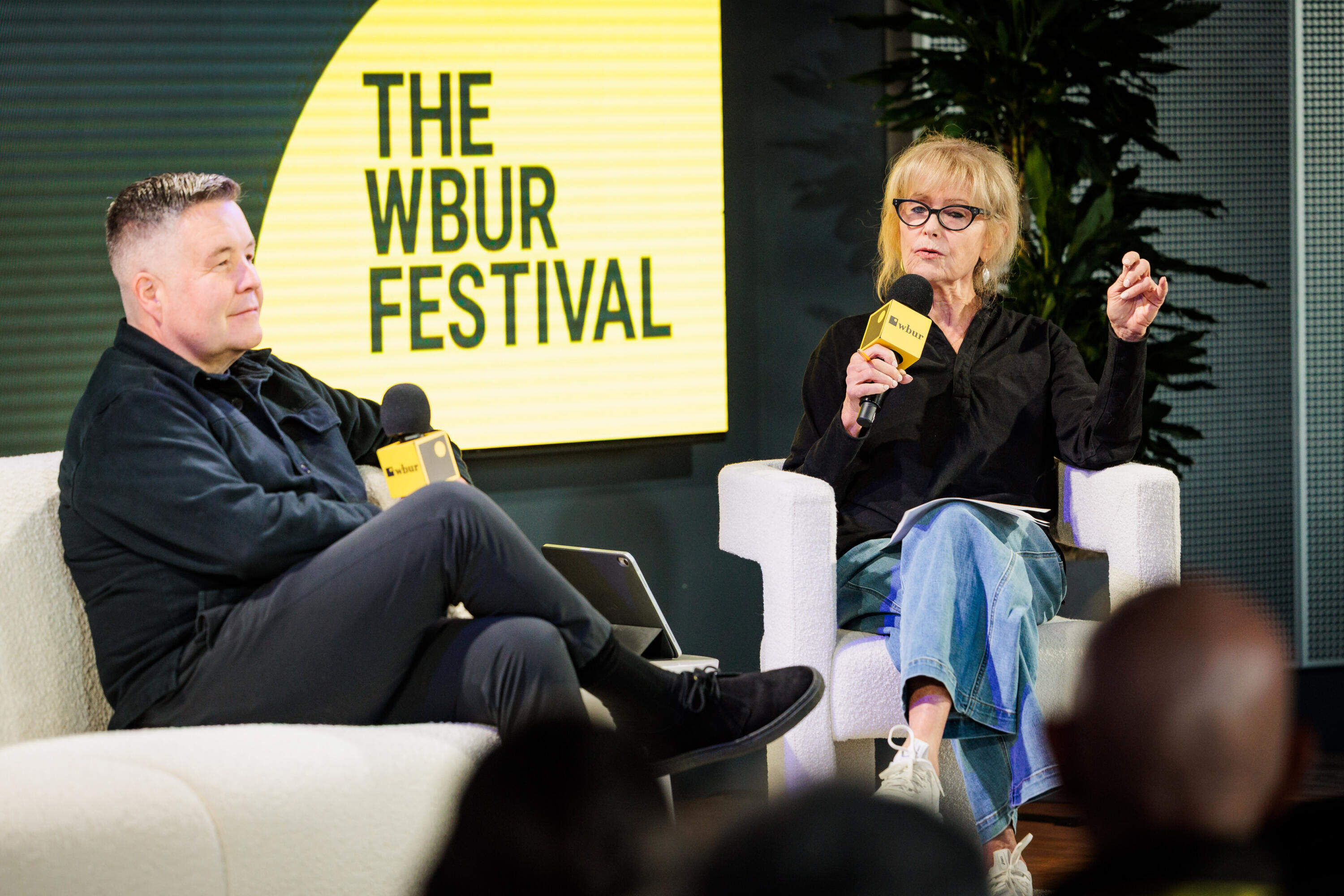 Dropkick Murphys Ken Casey speaks with Here &amp; Now host Robin Young about pro-democracy advocacy at The WBUR Festival in Boston on May 29. (Nick Grace/Bolt Creative Group for WBUR)