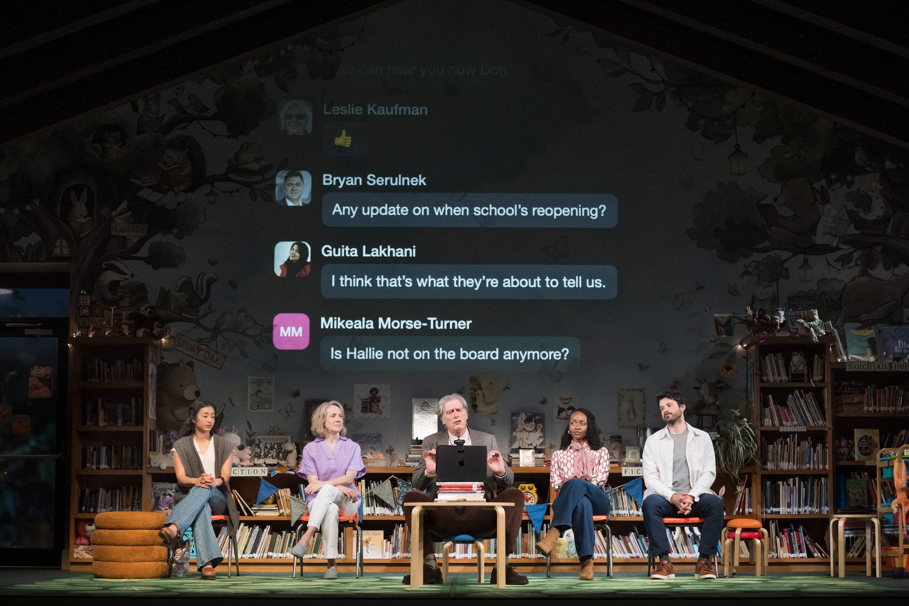In the play, a community meeting is upended by Zoom comments. (Courtesy Liza Voll)
