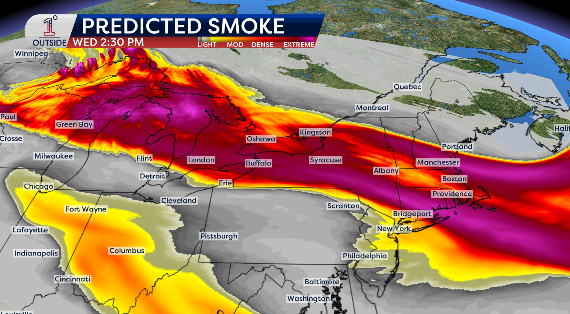 Se prevé que el humo de los incendios forestales fluya sobre Nueva Inglaterra el miércoles 15 de julio de 2026. (Danielle Noyes/1DegreeOutside)