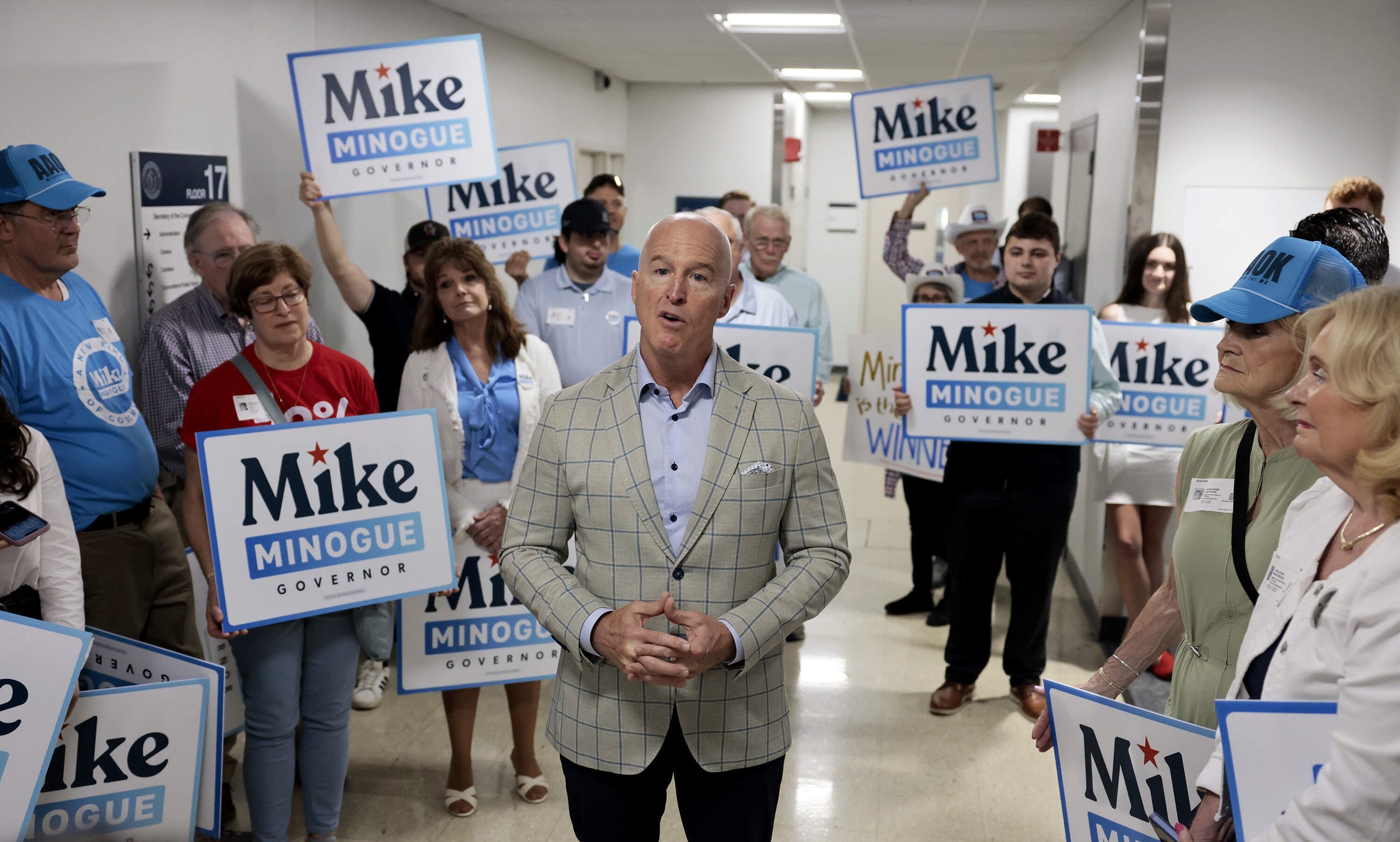 Republican candidate for governor Mike Minogue addresses the media and his supporters on May 27. (Pat Greenhouse/The Boston Globe via Getty Images)