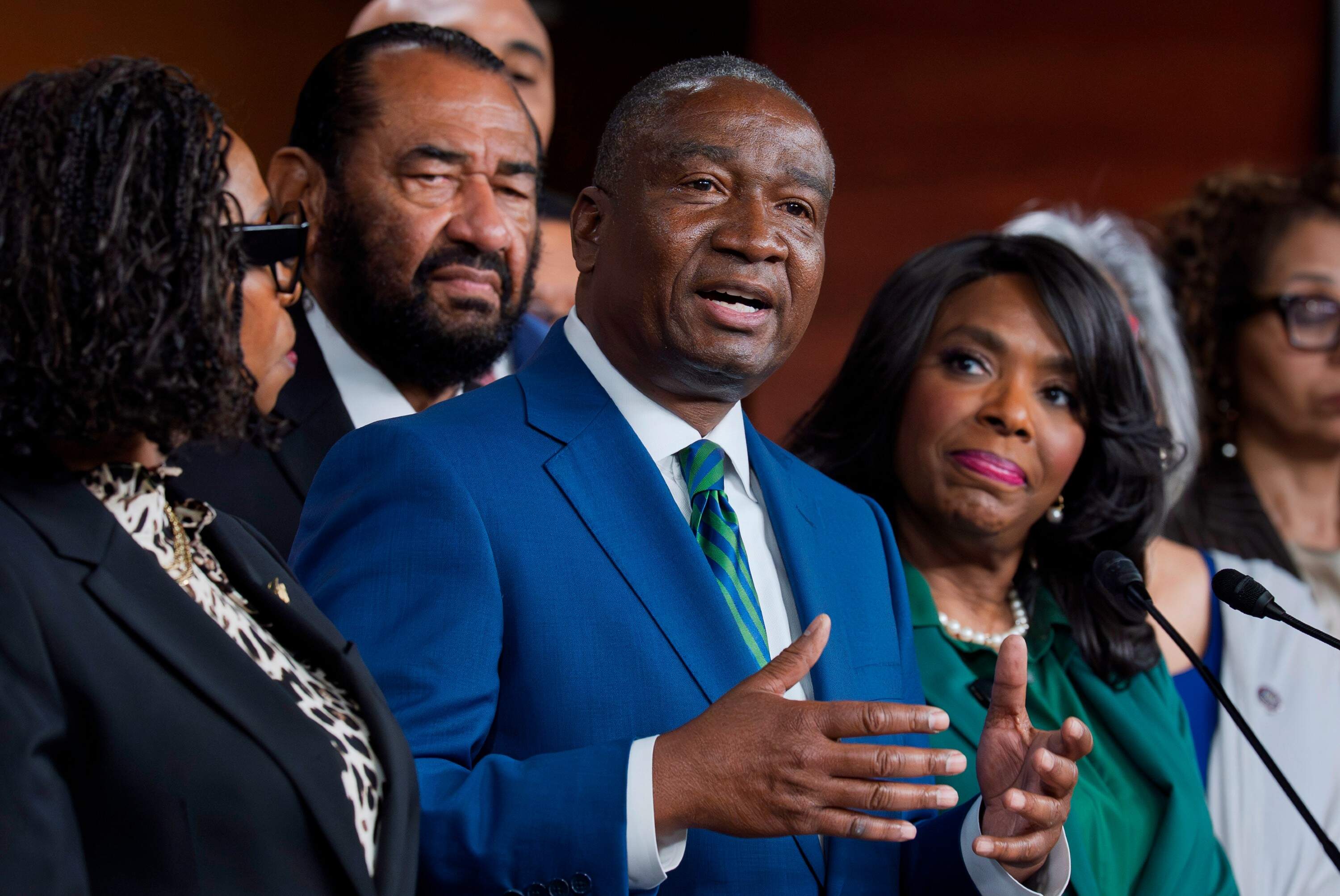 Rep. Cleo Fields is joined by members of the Congressional Black Caucus at the U.S. Capitol as they speak to reporters in the wake of the Supreme Court ruling to strike down his majority Black congressional district in Louisiana. (Scott Applewhite/AP)