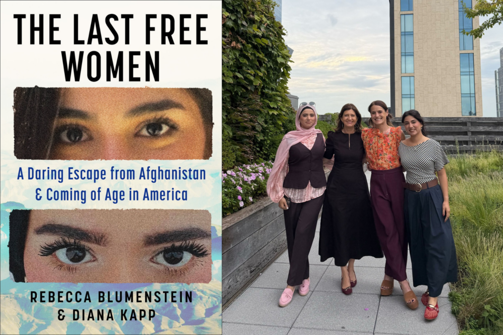 The cover of "The Last Free Women" and (L-R) Mursal Rahim, Rebecca Blumenstein, Diana Kapp and Marwa Rahim. (Courtesy of Shutterstock and Haley Lowenthal)
